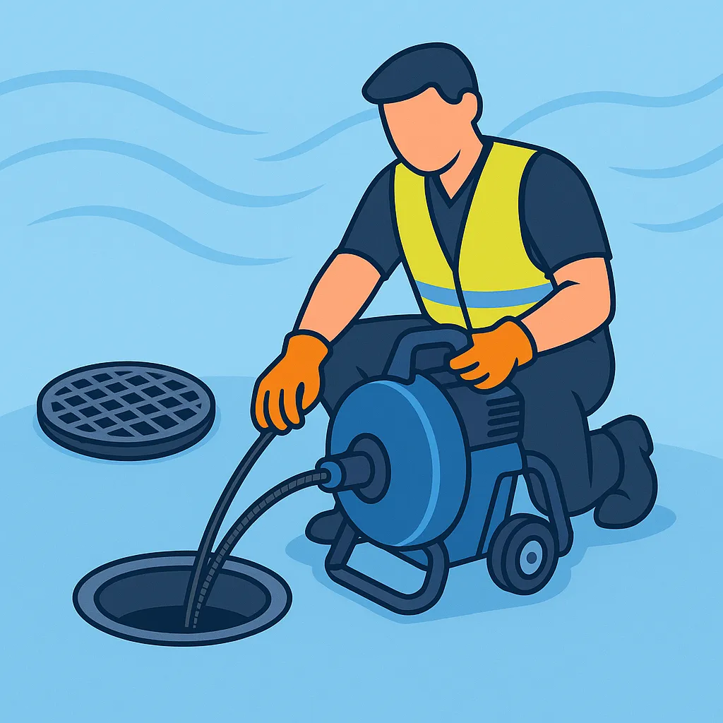 Illustration of a drain cleaning worker using a pipe unblocking machine – Drain Cleaning Solution branding Drainage experts South East England