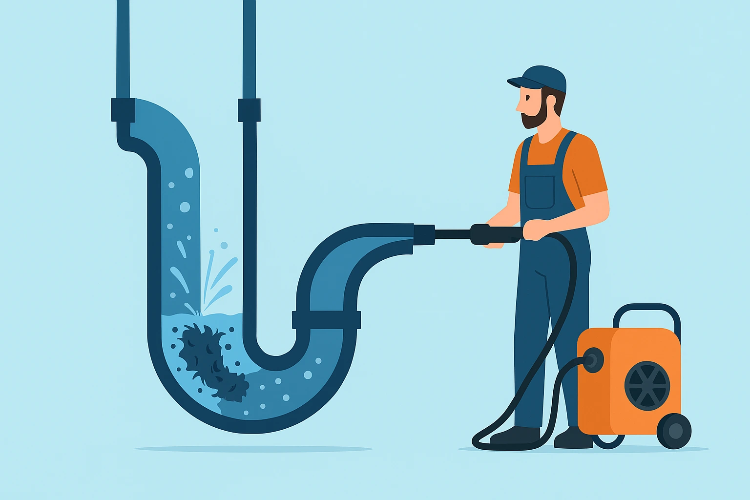Animated illustration of plumber performing drain cleaning Epsom with high-pressure water jet