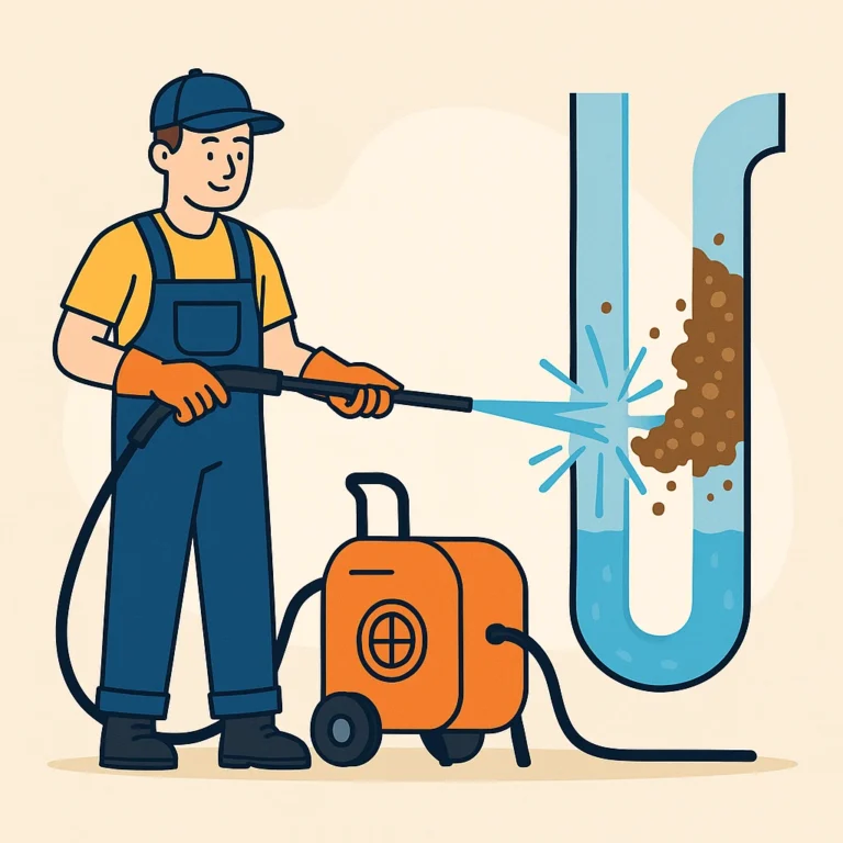 Animated illustration of plumber providing drain cleaning Epsom with high-pressure water jet
