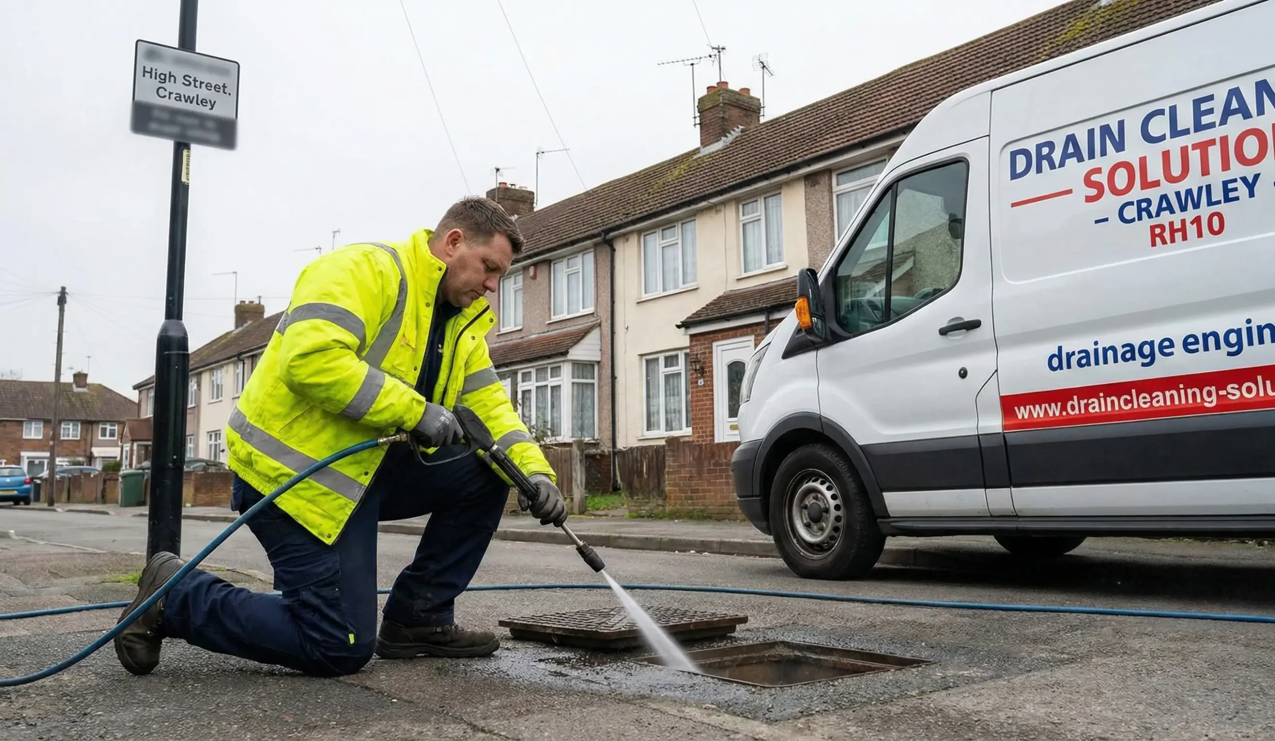Professional drainage engineer unblocking a drain in Crawley RH10 using high-pressure water jetting.