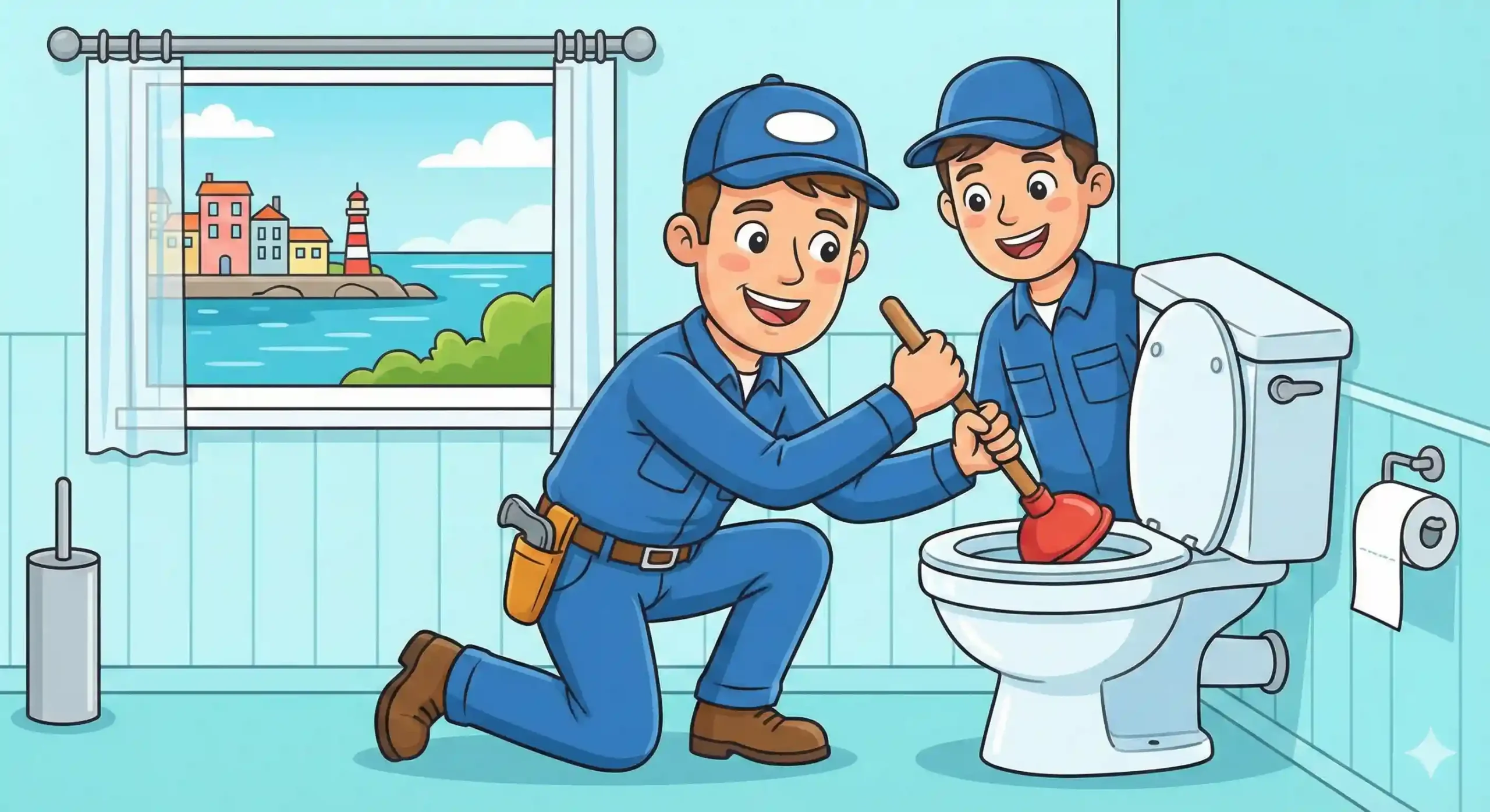 Cartoon illustration showing drain unblocking Brighton service by Drain Cleaning Solution