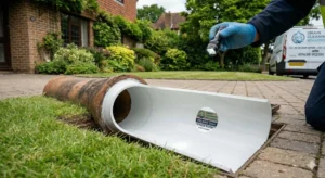 Close-up of trenchless CIPP drain relining used for collapsed drain repair in East Sussex.