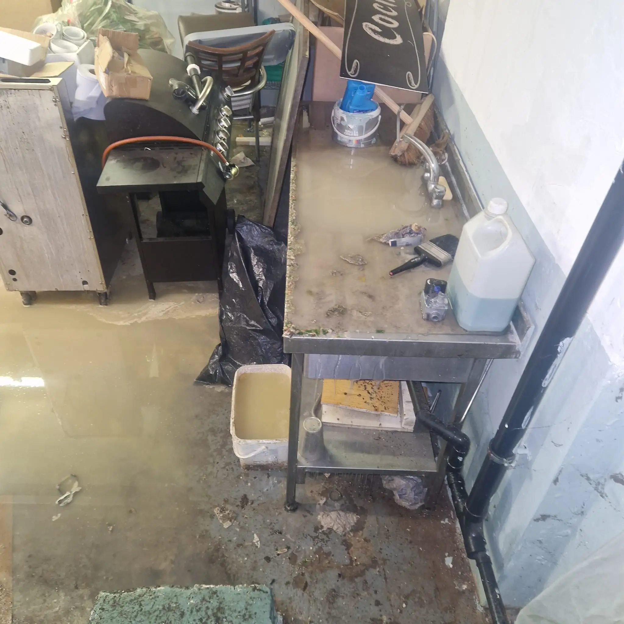 Flooded commercial kitchen floor caused by a blocked drain before CCTV inspection