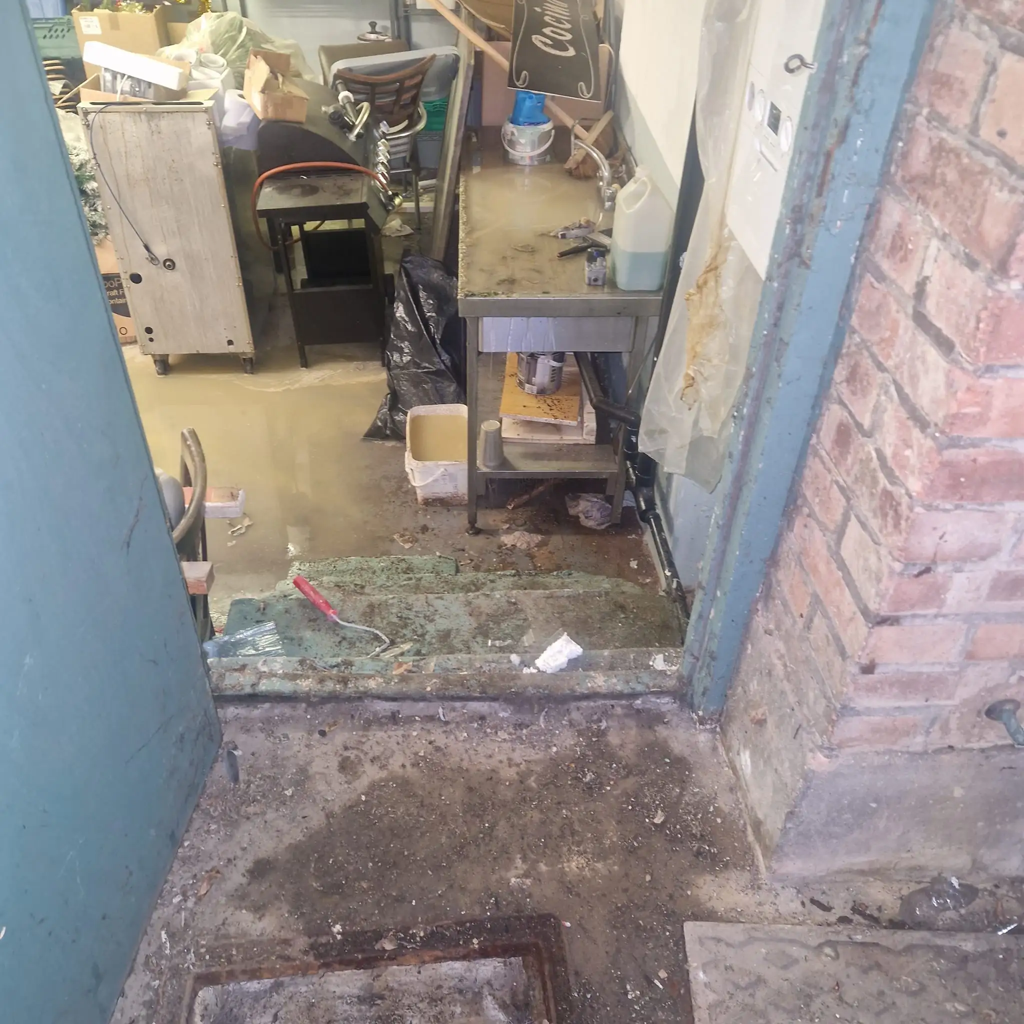 Sewage flooded basement caused by a collapsed drain requiring excavation